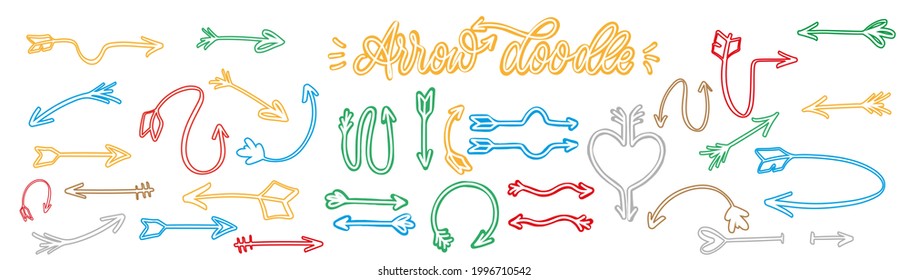 Hand drawn colored arrows. Handwritten arrows set in doodle style. Curve drawing pointer symbol. Direction collection in black. Doodle style. Vector illustration