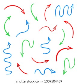 Hand drawn colored arrows on white. Abstract pointers. Line art creative. Set of different signs. Colorful illustration. Doodles for artwork