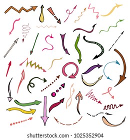 Hand drawn colored arrows set. Vector illustration. isolated on white.