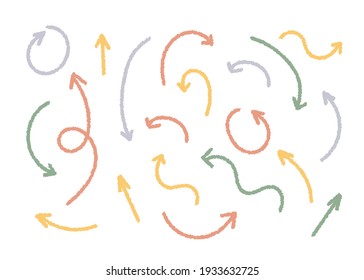 Hand drawn colored Arrows set. Doodle vector illustration. Chalk Arrows with various directions. Icons set. Graphic design elements. Isolated on white background.