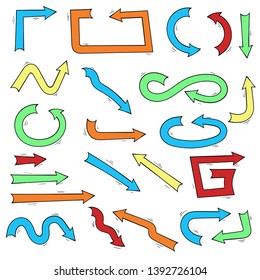 Hand drawn colored arrows. Vector illustration isolated on white background