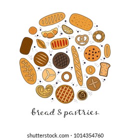 Hand drawn colored baking bread, bagel, buns and pastries composed in circle shape.