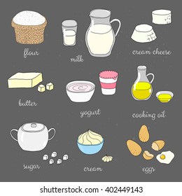 Hand drawn colored baking ingredients on chalkboard. 
