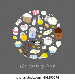 Hand drawn colored baking ingredients in circle shape. Flour, milk, butter, yogurt, cooking oil, sugar, cream, eggs, cocoa, water, honey, vanilla, salt, powder, raisin.
