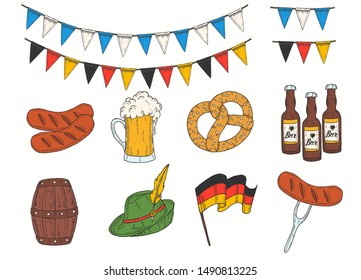 Hand drawn colored barrel, glass, bottle, pretzel, flag garland, sausage, german flag in sketch style. Oktoberfest objects for menu, poster, banner, flyer, brochure, web, advertising