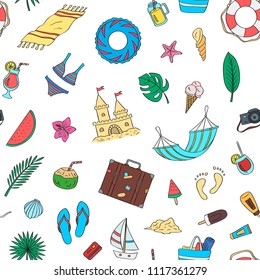 Hand drawn colored beach objects. Vector summer travel doodle elements pattern or background illustration.