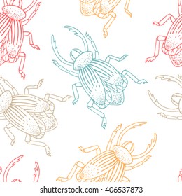 Hand drawn colored beetles. Seamless pattern