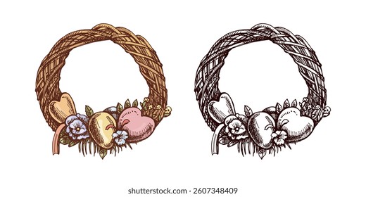 Hand drawn colored and black vintage sketch of an Easter wreath with decorations