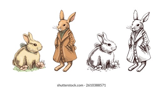 Hand drawn colored and black vintage sketch of anthropomorphic rabbits