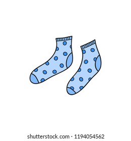 Hand drawn colored blue socks with polka dots isolated on white background.