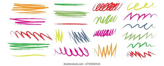 Handgezeichnete farbige, fette Striche, Wirbel und Unterstreichungen. doodle Formen, Linien, Locken Pinselstrich-Symbol. Vektorgrafik.