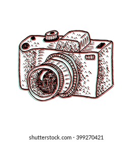 Hand drawn colored camera. Sketch style