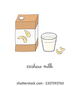 Hand drawn colored cashew milk in cardboard and glass isolated on white background.