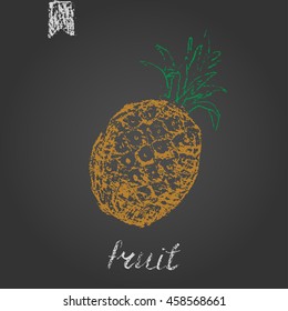 Hand drawn colored chalk fruit illustration. Vector pineapple on chalkboard sign.