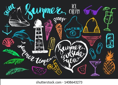 Hand drawn colored chalk summer design element set. Rough colorful sketch of fruit, cocktail, lighthouse, dolphin, boat, shades, bikini, smartphone, camera, with summer lettering.