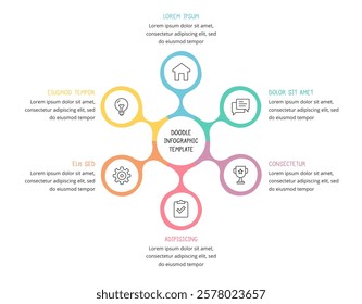 Hand drawn colored circular chart template with 6 elements, doodle infographics, vector eps10 illustration