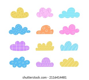 Hand drawn colored clouds. Decorative cloud set flat illustration.