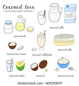 Hand drawn colored coconut oil, milk, ice cream, cake, water, cocos isolated on white background.