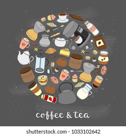 Hand drawn colored coffee, tea and cocoa items composed in circle shape with lettering.