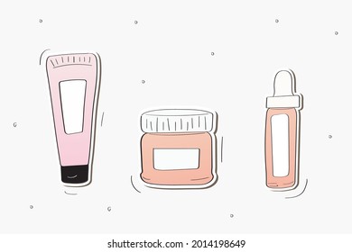 Hand drawn and colored cosmetic packaging illustration. Isolated with white background.