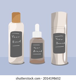 Hand drawn and colored cosmetic packaging illustration. Isolated with blue background