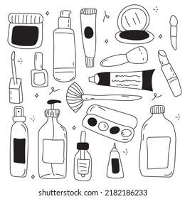 Hand drawn and colored cosmetic packaging illustration. Isolated with blue background.