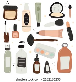 Hand drawn and colored cosmetic packaging illustration. Isolated with blue background.