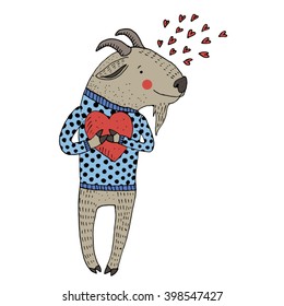 Hand drawn colored creature with big heart. Romantic vector illustration