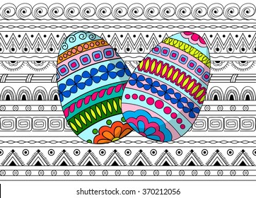 Hand drawn colored decorated egg on the doodle  geometric monochrome seamless pattern. Vector illustration - eps 10. 