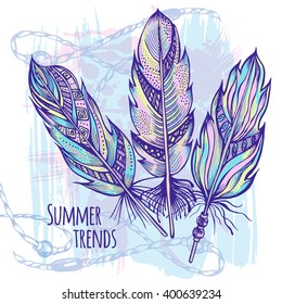 Hand drawn colored decorative feathers. Trendy elements in boho style. Vector illustration.