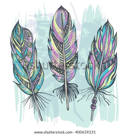 Hand drawn colored decorative feathers. Trendy elements in boho style. Vector illustration.