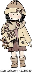 Hand drawn and colored doll dressed in warm autumn outfit - coat, hat, scarf and boots -  holding teddy bear in her hand, fall season 