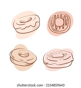 conjunto de iconos de donuts coloreados dibujados a mano sobre el fondo blanco