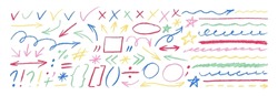 Hand Drawn Colored Doodle Design Elements, Charcoal Or Pencil Drawn Punctuation Marks. Vector Rough Highlight, Underline, Sketchy Doodle Arrows Set. Thin Texture Frames, Ticks, Crosses And Stars.