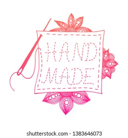 Hand drawn colored doodle Hand Made vector illustration with flowers and sewing needle