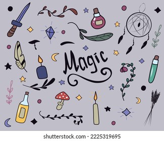 Handgezeichnetes, farbiges Doodle-Zauberset. Es werden Tränke, Pilze und verschiedene Kräuter dargestellt.