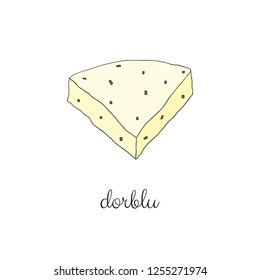 Hand drawn colored dorblu cheese isolated on white background.