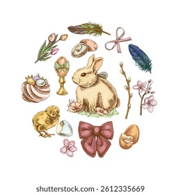 Hand drawn colored Easter illustration with bunny, chick, eggs, flowers, and festive elements in vintage sketch style