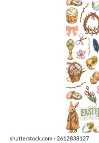 Hand drawn colored Easter vintage border with rabbit, chick, eggs, bow, willow, feathers, holiday elements