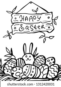 Hand drawn colored eggs and rabbit on white background. Happy Easter. Vector. Spring holiday card. Perfect for coloring book, print, greeting card.