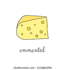 Hand drawn colored emmental cheese isolated on white background.
