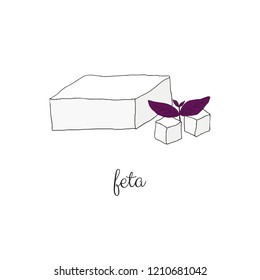 Hand drawn colored feta cheese with violet basil isolated on white background.