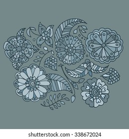 Hand drawn colored floral pattern, pale green flowers, berries and leaves