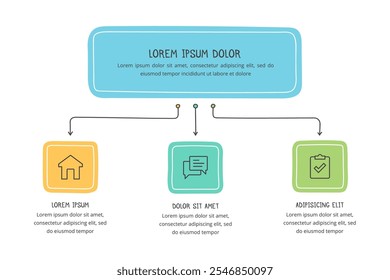 Modelo de fluxograma colorido desenhado à mão com três elementos, infográficos doodle, ilustração eps10 vetor