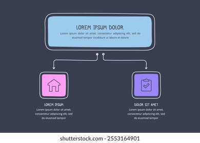 Hand drawn colored flow chart template with two options, doodle infographics, dark background, vector eps10 illustration