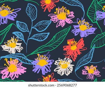 Hand drawn colored flowers seamless pattern with brush style, ink texture on white background. Grunge floral pattern. Vector flower pattern, illustration. Template colored brush pattern.