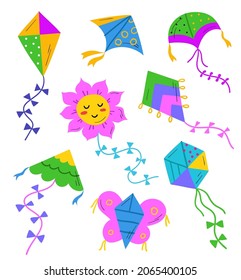 Hand drawn colored flying kites set. Different kite types and shapes. Flat vector illustration.