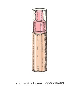 Hand drawn colored foundation cream, tonal fluid in sketch style. Vector engraving cosmetics.  