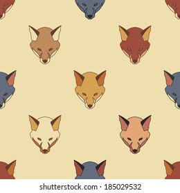 hand drawn colored fox head seamless pattern on light background, beautiful textile design in warm nude, red, blue colors