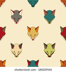 hand drawn colored fox head seamless pattern on light background, beautiful textile design in warm multicolor